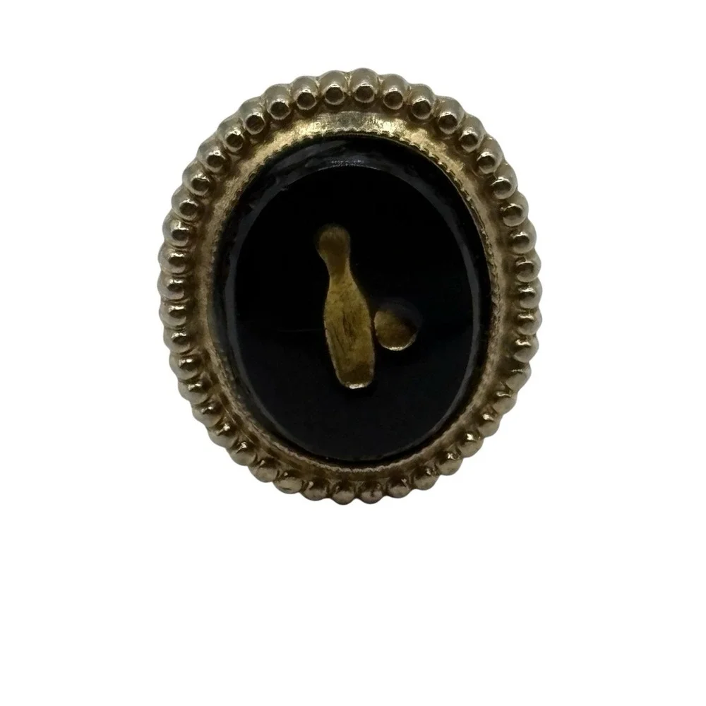 VTG Bowling Pin Tie‎ Tack Black Gold Tone Metal Necktie Pin Oval Mini Textured